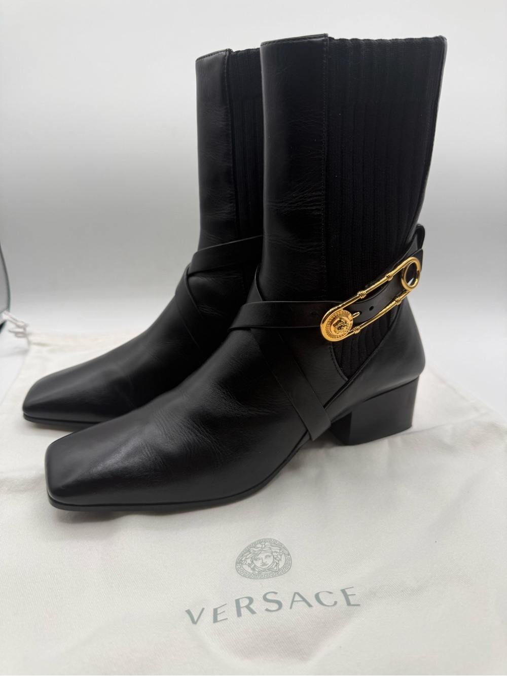 Versace Black Leather Boots with Gold Buckle strap Detail